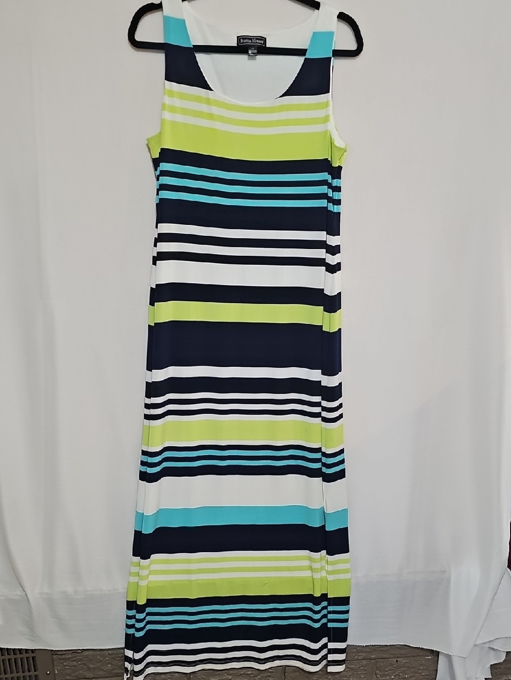 Jessica Howard Striped Maxi Dress in Navy, Lime & Teal